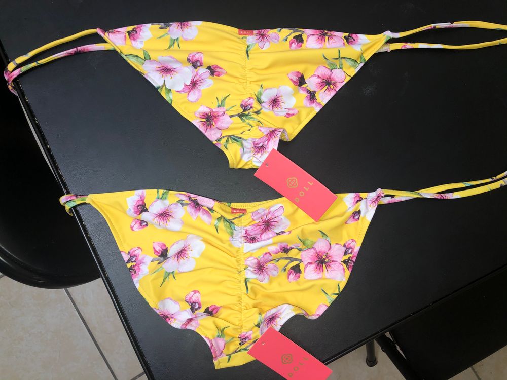 Yellow Cherry Blossom Print Classic Scrunch Bikini Bottoms - DOLL