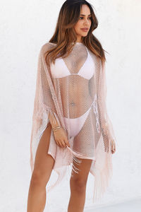 Illustrious Metallic Pink Knit Crochet Fringed Crop Poncho image