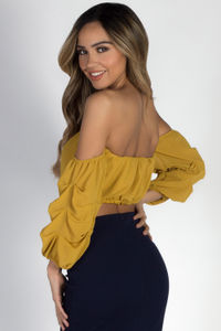 "Sexy Thing" Mustard Off Shoulder Chiffon Top with Ruched Sleeves image