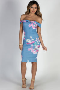 "Euphoria" Blue Floral Print Off Shoulder Dress image