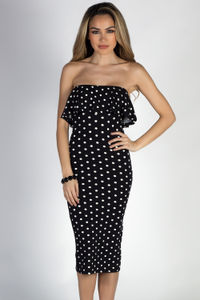 "Delightful Dots" Black Polka Dot Strapless Ruffled Midi Dress image