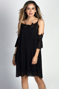 "Esperanza" Black Pleated Chiffon & Lace Off Shoulder Trapeze Dress image