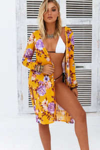 Serena Mustard Mesh Peony Floral Beach Cover Up image