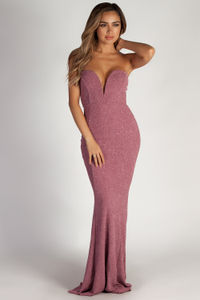 "Wish Come True" Mauve Glitter Strapless Plunging Sweetheart Maxi Gown image