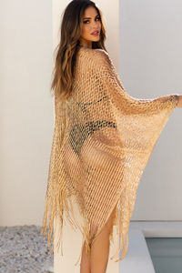 Luster Metallic Gold Knit Crochet Fringed Crop Poncho image