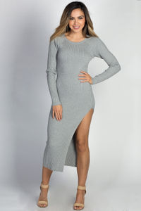 "Celine" Gray Long Sleeve Thigh High Slit Long Sweater Dress image
