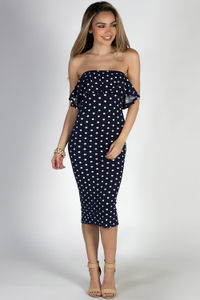 "Delightful Dots" Navy Polka Dot Strapless Ruffled Midi Dress image