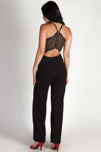 "Meant To Be" Black Chiffon Jumpsuit w/ Lace Detail image