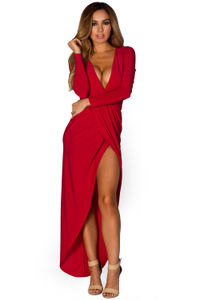 "Irene" Red Long Sleeve Maxi Dress with Plunging Neckline image