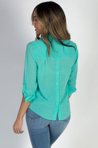 "Celena" Mint Long Sleeve Chiffon Blouse with Front Pockets image