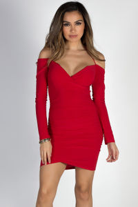 "Beautiful Life" Red Long Sleeve Off Shoulder Ruched Dress image