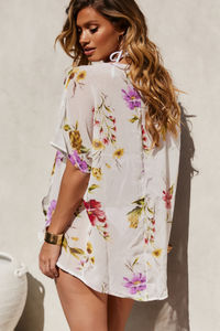 Rouge Noir White Floral Chiffon Kimono Beach Cover Up image