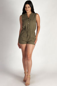 "Fall In Line" Olive Sleeveless Cargo Romper image