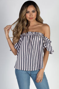 "Summer Sun" Navy and Red Off Shoulder Striped Top image