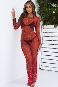 Red Mesh Long Sleeve Embellished Maxi Cover Up image