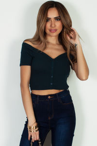 "Simple Life" Hunter Green Off Shoulder Ribbed Knit Crop Top image