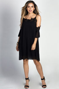 "Esperanza" Black Pleated Chiffon & Lace Off Shoulder Trapeze Dress image