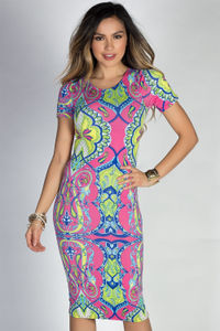 "Jamie" Pink & Lime Moroccan Print Short Sleeve Bodycon T Shirt Midi Dress image