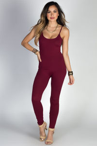 "Work it Out" Burgundy Spaghetti Strap Jersey Catsuit Jumpsuit image