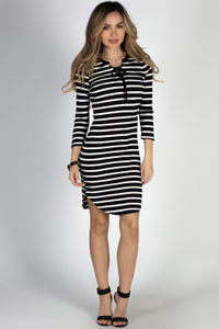 "Kind Heart" Black & White Striped Lace Up Long Sleeve Mini Dress image