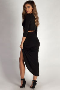 "In My Feelings" Black Sleeved Crop Top w/ Asymmetrical Skirt image
