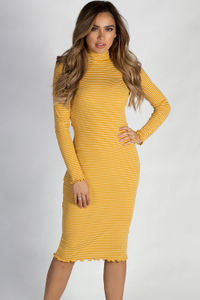 "One Step Ahead" Mustard Yellow And White Striped Lettuce Hem Mock Neck Dress image