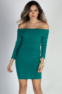 "Friday Night" Emerald Green 3/4 Sleeve Off Shoulder Bodycon Mini Dress image