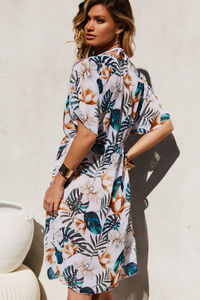 White Tropical Beach Cover Up w/ Drawstring Waist image