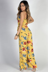 "Walk in the Park" Mustard Floral Print Strappy Belted Wide Leg Jumpsuit image
