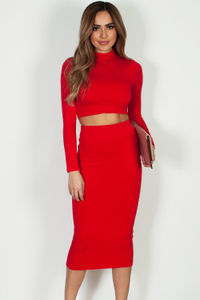 "No Days Off" Red Long Sleeve Crop Top And Midi Skirt image