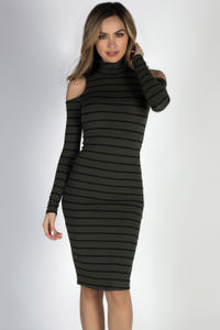 "Whatever She Wants" Olive & Black Striped Cold Shoulder Midi Dress image