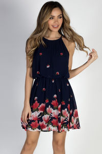 "Head in the Clouds" Navy Floral Short Chiffon Dress image