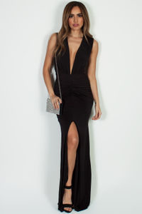 "Deep End" Black Ruched Maxi Gown w/ High Front Slit image