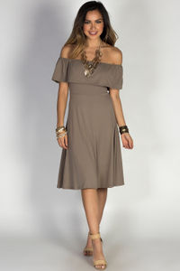 "Weekend Getaway" Taupe Jersey A-Line Off Shoulder Ruffle Dress image