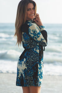 Black, Blue & Ivory Abstract Floral & Leopard Print Beach Dress with Sleeves image