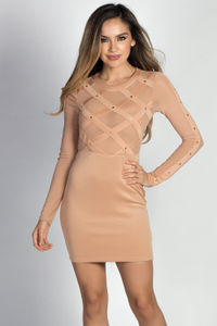 "Rita Nude Long Sleeve Studded Mesh Sheer Top Mini Dress image