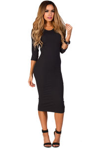 "Margo" Black 3/4 Sleeve Jersey Bodycon Midi Dress image