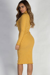 "One Step Ahead" Mustard Yellow And White Striped Lettuce Hem Mock Neck Dress image