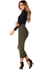 "Holly" Olive Green Cozy Knit High Waisted Midi Pencil Skirt image