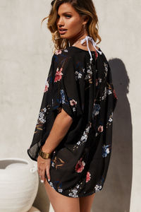 Sea Breeze Black Chiffon Floral Kimono Beach Cover Up image