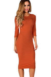 "Margo" Orange Spice 3/4 Sleeve Jersey Bodycon Midi Dress image