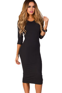 "Margo" Black 3/4 Sleeve Jersey Bodycon Midi Dress image