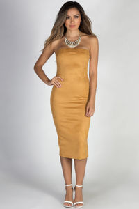 "True to Yourself" Mustard Strapless Suede Midi Dress image