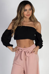 "Sexy Thing" Black Off Shoulder Chiffon Top with Ruched Sleeves image