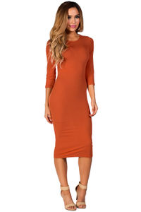 "Margo" Orange Spice 3/4 Sleeve Jersey Bodycon Midi Dress image