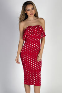 "Delightful Dots" Red Polka Dot Strapless Ruffled Midi Dress image