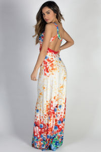 "Glam Getaway" Red Floral Print & Jeweled Lace One Shoulder Maxi Dress image