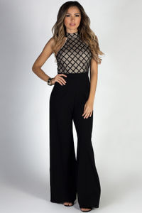 "Fashion Week" Black Sequin Lattice Pattern Halter Jumpsuit image