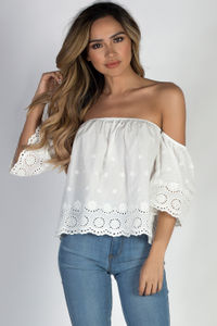  "Sun and Sand" White Off Shoulder Crochet Crop Top image