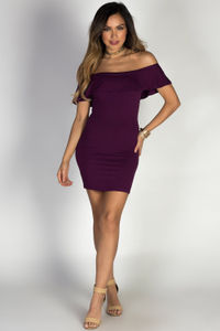 "Endless Summer" Plum Purple Short Bodycon Off Shoulder Ruffle Dress image